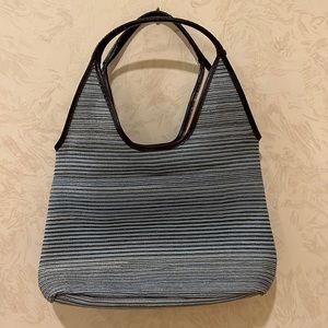 Eddie Bauer Natural Blue Straw Tote Purse With Leather Straps